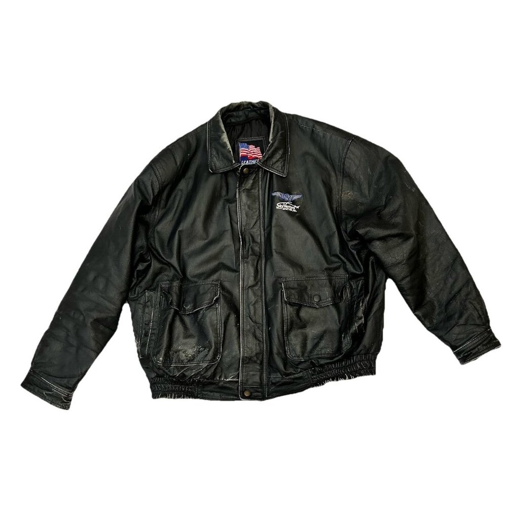 Vintage Leather USA Brand Distressed Black Bomber Jacket Mens Size 2XL Aviation